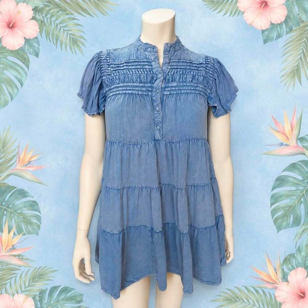 0062-Solitaire Blue Denim Tiered Dress with Ruffles